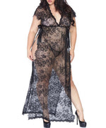 Eyelash Lace Long Kaftan Robe with Satin Ribbon (2 piece) - 1X-2X