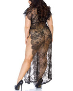 Eyelash Lace Long Kaftan Robe with Satin Ribbon (2 piece) - 1X-2X